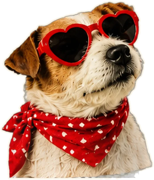 Perro con gafas de corazón y pañuelo rojo