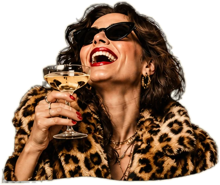 Mujer riéndose con una copa y abrigo de leopardo
